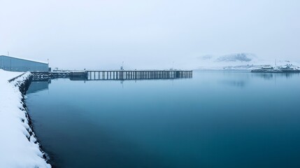 Obraz premium A serene winter scene featuring a calm harbor with a wooden pier and snow-covered surroundings.