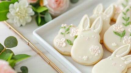 Adorable bunny-shaped cookies with intricate white icing details, arranged beautifully for a spring or Easter celebration. 