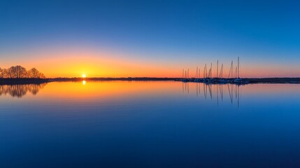 Serene sunset over calm waters with silhouetted boat and vibrant colors reflecting in the water.