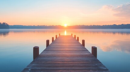 Fototapeta premium A serene wooden pier extending into a calm lake at sunrise, reflecting soft colors in the water.
