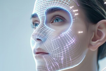 A futuristic facial recognition grid projected on a womans face, symbolizing advanced AI technology, biometric scanning, and digital security concepts.