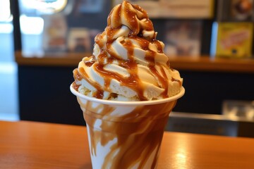 A decadent caramel swirl ice cream with chunks of caramel and a caramel drizzle on top. 
