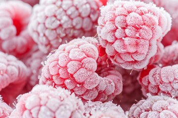 Close-up of frozen raspberries covered in frost, showcasing their vibrant red color and icy...