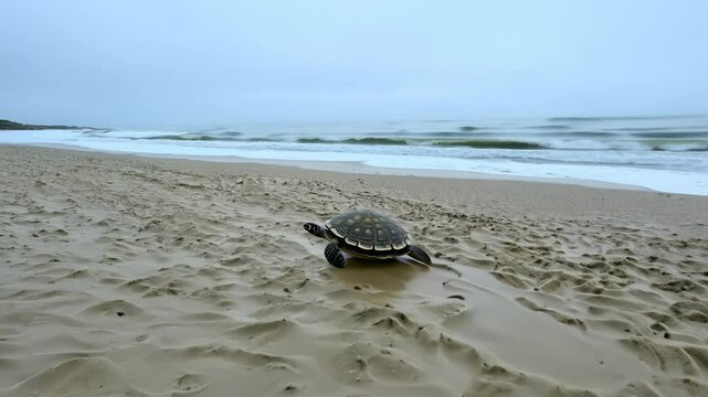 Camera tracks a sea turtle on an overcast day as it makes its way up a beach, leaving a trail in the sand with waves crashing