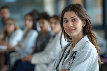 Female doctor smiling with colleagues in background.