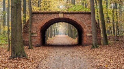 A serene forest path leading through a brick archway, surrounded by autumn foliage.