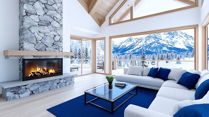 Modern Cabin Living Room With Fireplace And Mountain View