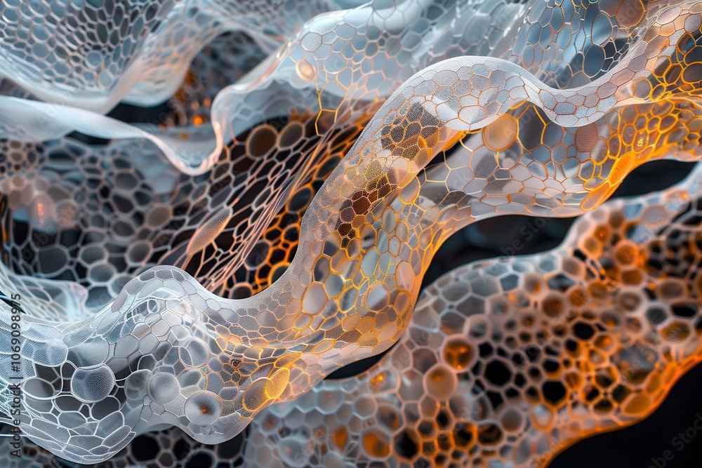 Poster Colorful abstract depiction of intricate cellular structures resembling organic life forms with layered textures in a dark background