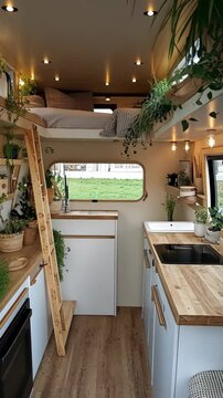 A small kitchen in a converted van features a ladder leading to a loft bed, a window with a view of grass, and a sink and stovetop