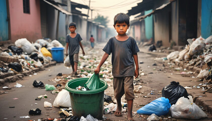 o work on rubbish. Poor children collect garbage. Poverty, Violence children and trafficking concept,Anti-child labor, Rights Day on December 10._00001_