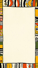 Cream background with colorful, patterned borders inspired by African tribal art. Concept of ethnic design, creative frame,folk art, social media frame, invitation template.