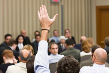 Obraz premium A participant raises their hand in a large conference hall, signaling a question or comment in an engaging and formal event.