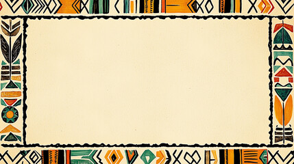 Beige background with colorful, textured tribal borders and stylized leaf motifs. Concept of ethnic design, creative frame,folk art, social media frame, invitation template.