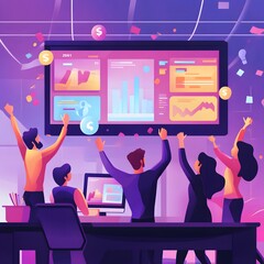A dynamic scene of a sales team celebrating their achievements, with KPI metrics like sales revenue and conversion rates prominently displayed on large screens in the background