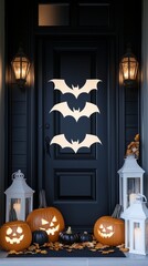 Obraz premium Simple Chic Halloween Entryway with Bat Silhouettes and White Lanterns