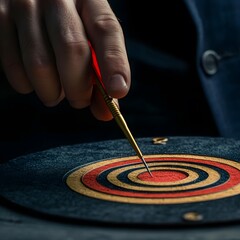 A focused scene of a businessman aiming an arrow at a virtual target dartboard, symbolizing precision in setting objectives for business investments