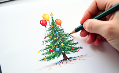 a hand draws a Christmas tree with a pencil on a white background