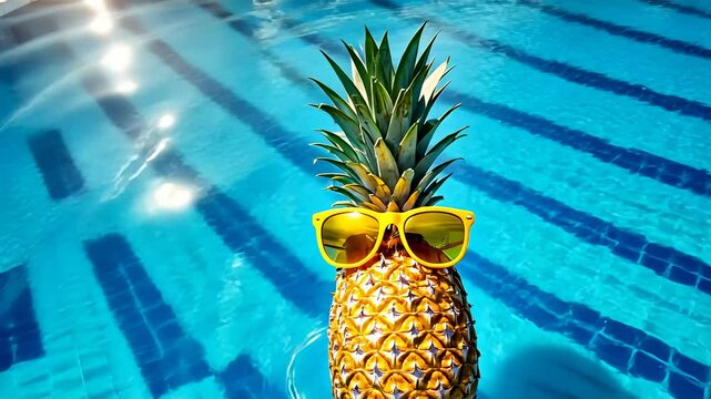 A vibrant pineapple sporting yellow sunglasses floats on blue pool water on a sunny day, symbolizing fun and relaxation during summer. Mood is light-hearted and playful.