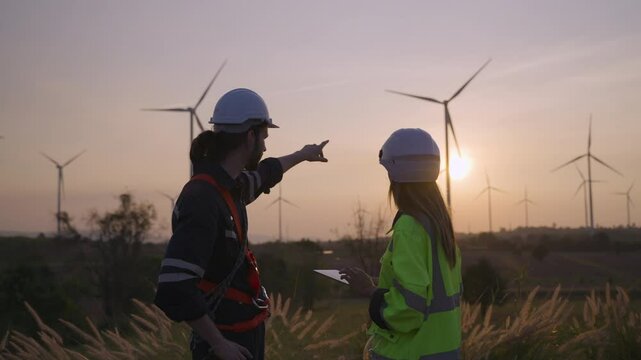 Technician workers use tablet and discuss working together at sunset outdoors at windmill farms. Renewable energy engineer working on wind turbine project. Engineer research environment green energy. 