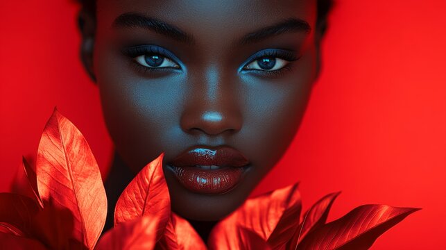 Bold Fashion Portrait of Model with Glossy Lips and Red Leaves Against a Vibrant Red Background
