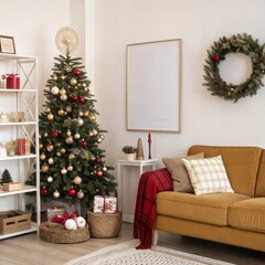 Domestic and cozy christmas living room interior with corduroy sofa, white shelf, mock up poster...