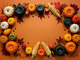 Fototapeta premium Autumn Harvest Frame with Pumpkins, Corn, Apples, and Colorful Fall Leaves on Orange Background