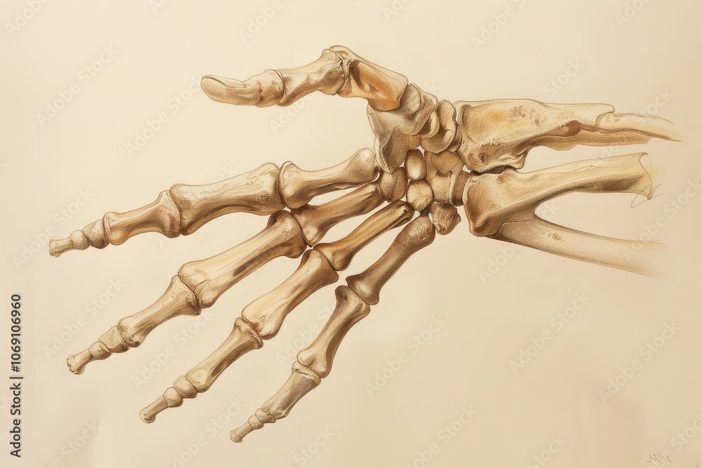 Poster detailed illustration of a human skeletal hand showcasing bone structure and articulation, set again