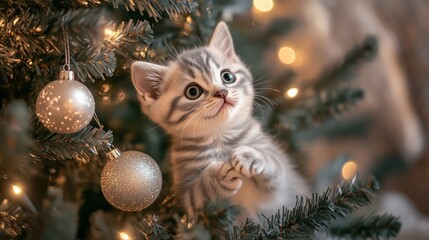 Adorable kitten playing with ornaments on a beautifully decorated Christmas tree during the festive holiday season