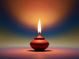 Fototapeta premium Minimalistic Traditional Clay Oil Lamp with Glowing Flame on Gradient Background for Diwali and Festive Celebrations