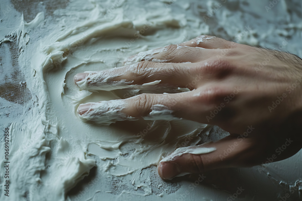 Wall mural Close-up of a hand applying cream to the body, emphasizing skincare and self-care.