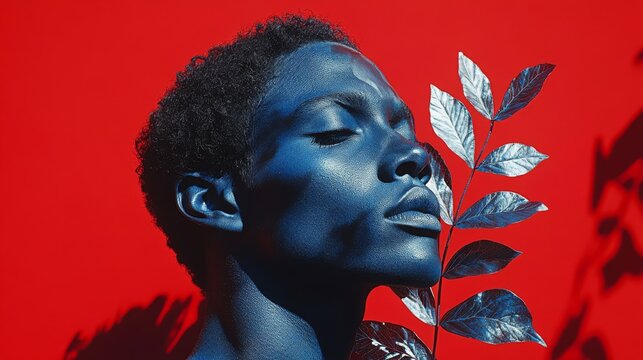 Striking Portraits of Model with Blue Makeup and Metallic Leaves Against a Bold Red Background