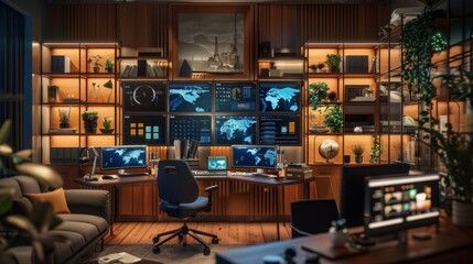 Obraz premium Modern home office featuring multiple screens, ergonomic furniture, and smart lighting in a stylish workspace designed for productivity and comfort