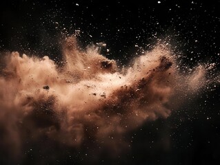an explosion of sand particles against a deep black background, creating dynamic splashes and textures, evoking a sense of movement and energy, with contrasting colors enhancing visual impact
