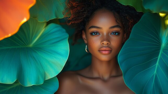 Natural Beauty Portraits of Women Posed with Tropical Leaves and Vibrant Backdrops