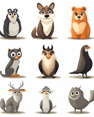 Obraz premium Cute cartoon animals including penguin, wolf, bear, cat, owl, bird, deer.