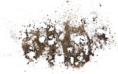 Wet mud, stains and water droplets texture with dry dirt isolated on white background, top view and...