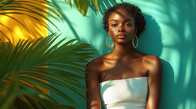 Tropical-Themed Portraits Featuring Women in White Outfits and Green Foliage with Colorful Backgrounds