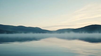 Fototapeta premium Misty morning over calm lake with distant mountains.