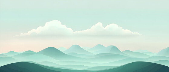 Misty mountains with a single white cloud in a light blue sky.