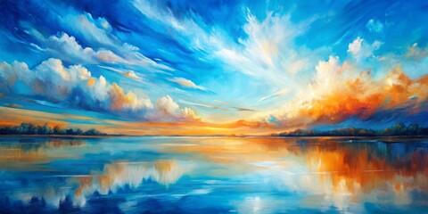 A Watercolor Dreamscape A Serene Reflection of Nature, Oil on Canvas, Landscape Painting with Bright Sky, Calm Water, and Trees, Watercolor, Landscape