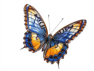 Fototapeta premium beautiful blue, yellow, and orange butterfly in mid-flight, captured against a white background, showcasing intricate patterns and the delicacy of nature
