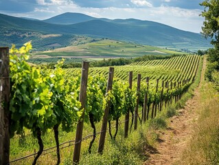 Obraz premium beautiful view of tokaj vineyards in hungary, with lush grapevines stretching across rolling hills, capturing the essence of winemaking and the charm of the countryside