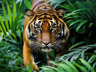 Fototapeta premium beautiful sumatran tiger stealthily moving through its lush habitat, showcasing its majestic stripes and intense gaze, surrounded by vibrant foliage that highlights the richness of its environment