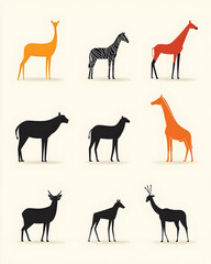 Set of nine vector silhouette illustrations of different African animals.
