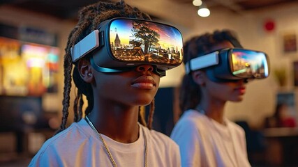 Two children explore virtual reality in an interactive entertainment center during the afternoon