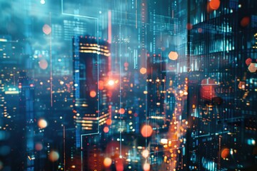 Obraz premium Abstract digital business panel on blurry night city background. Inovation concept. Double exposure