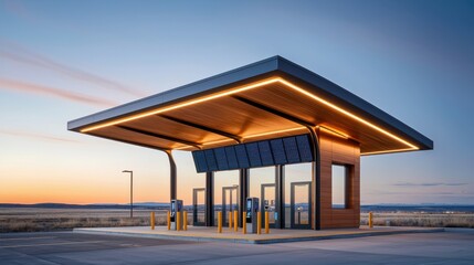 Fototapeta premium Discover the future of travel a sleek electric rest stop featuring advanced charging stations for electric vehicles