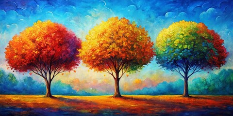 Autumnal Harmony Three Trees Under a Vivid Sky, Oil Painting, Three Trees, Vibrant Colors, Nature, Landscape, Season