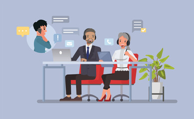 customer man and woman service representative assisting a client over the phone or via chat character vector illustration design. Customer Service Interaction concept.