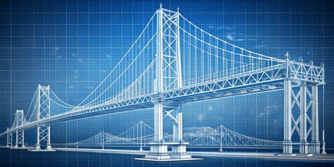 Fototapeta premium Blueprint Design of a Suspension Bridge, Blueprint, Engineering, Bridge Design